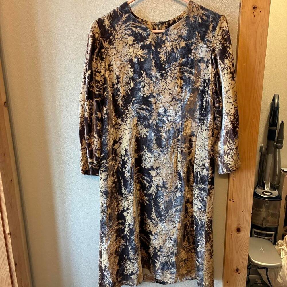 Vintage Handmade Velvet Chocolate Brown Gold Floral Long Sleeve‎ Dress Sz Small
